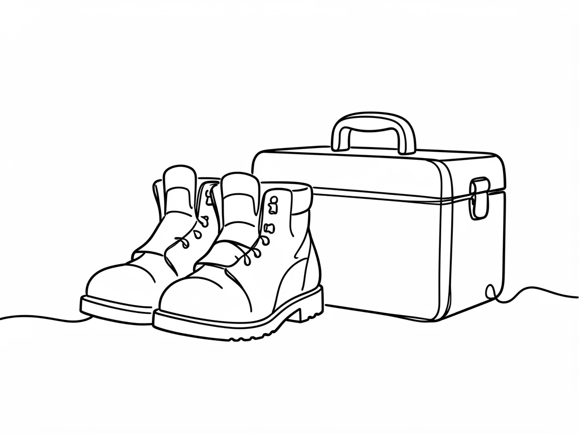 A pair of work boots resting beside a toolbox in a garage