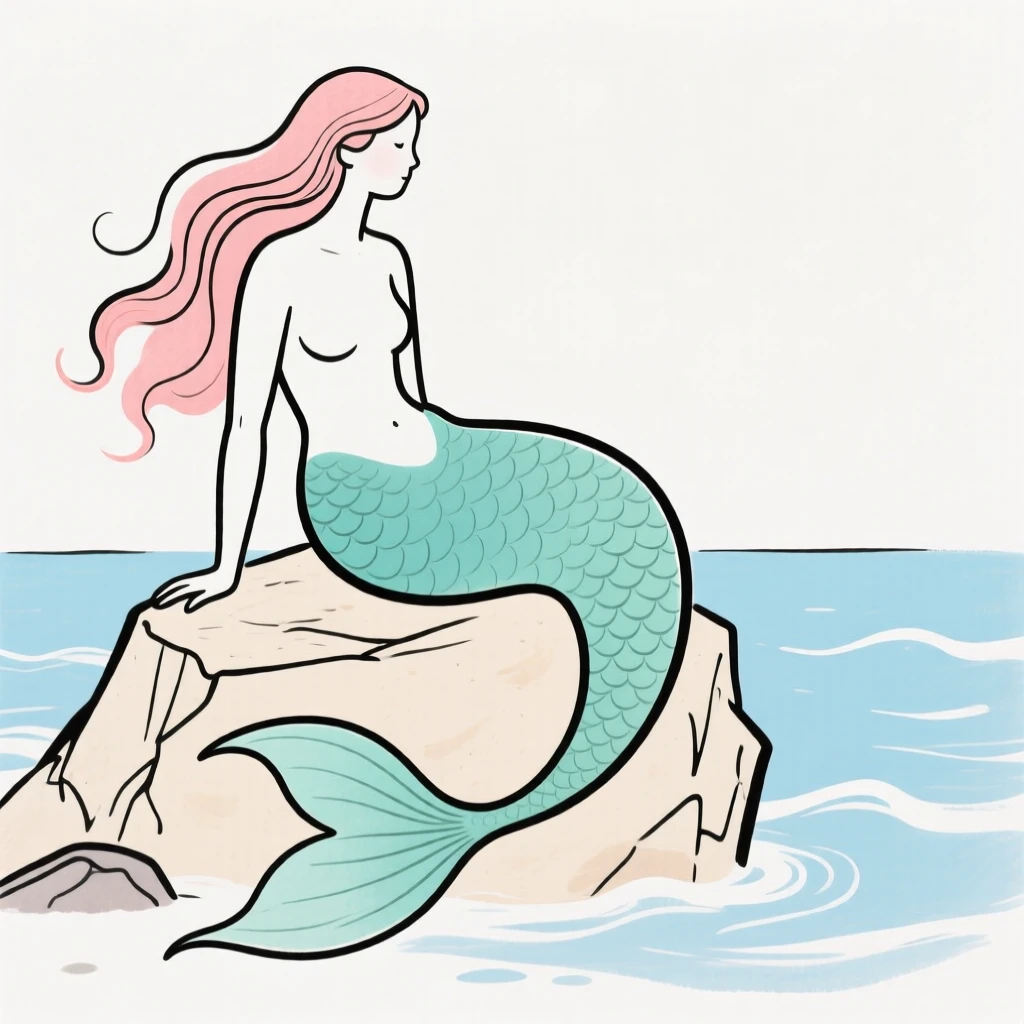 A mermaid sitting on a rock by the sea