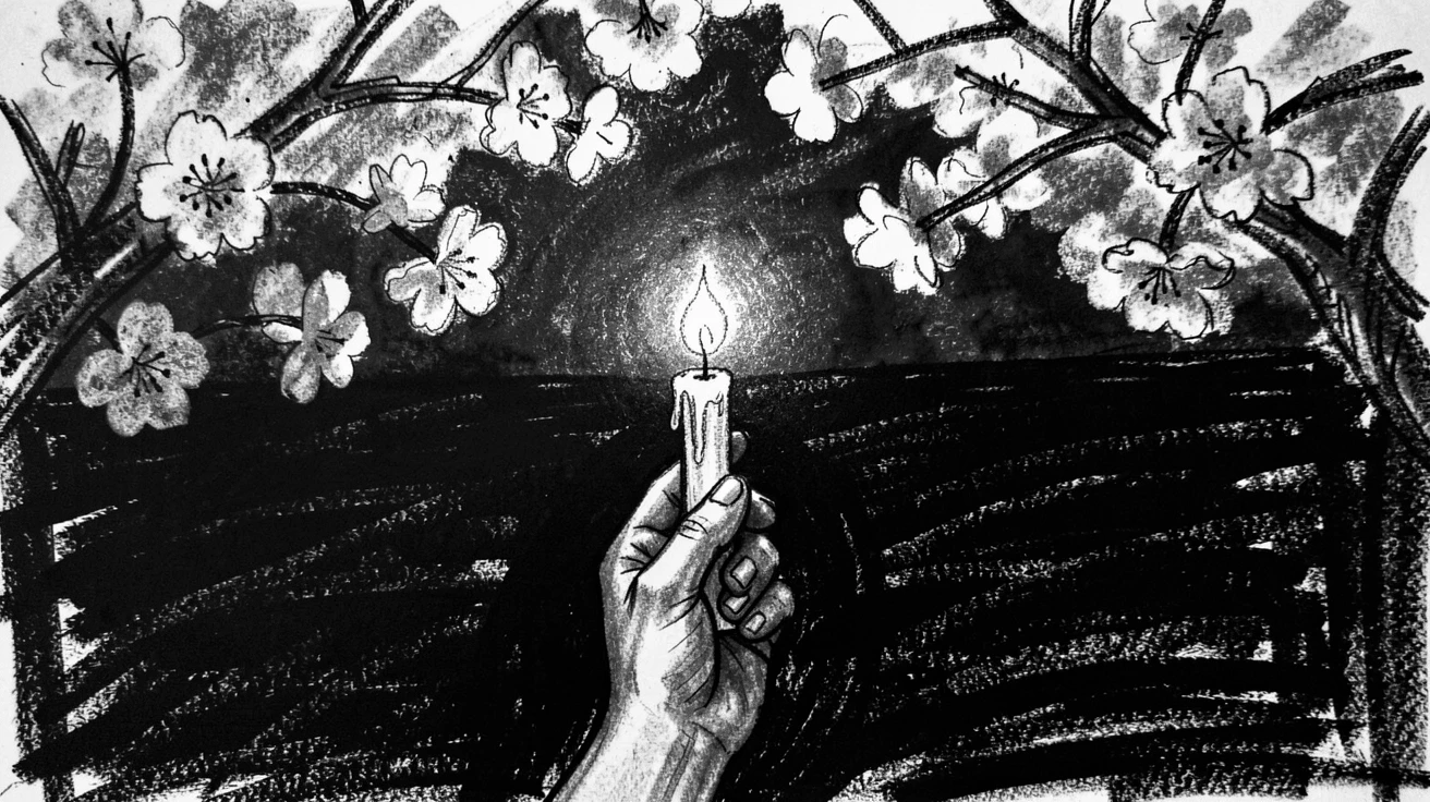 A single candle held aloft in a sea of darkness, beneath blossoming trees in full bloom.