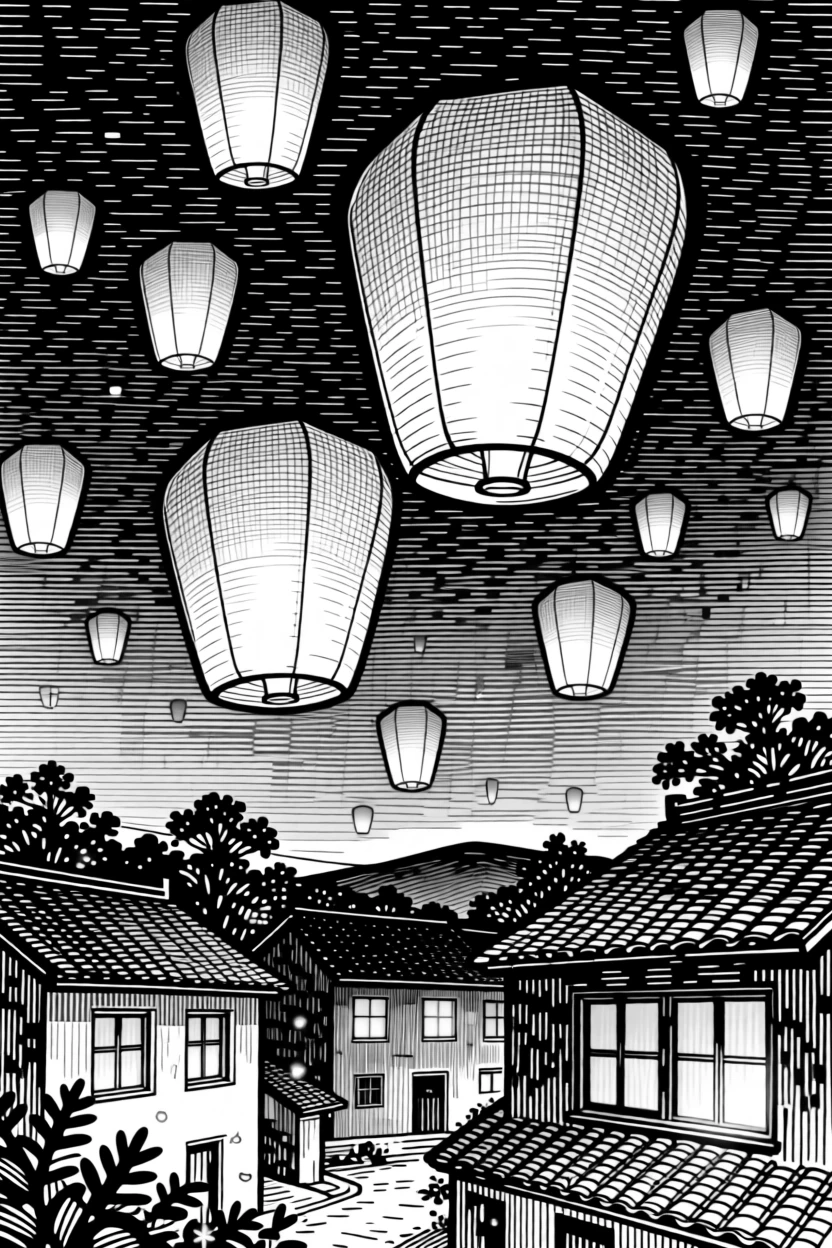 A lantern festival lighting up a night sky as fireflies begin to appear at dusk, with warm light spilling from every window, capturing a cozy and heartwarming seasonal moment.