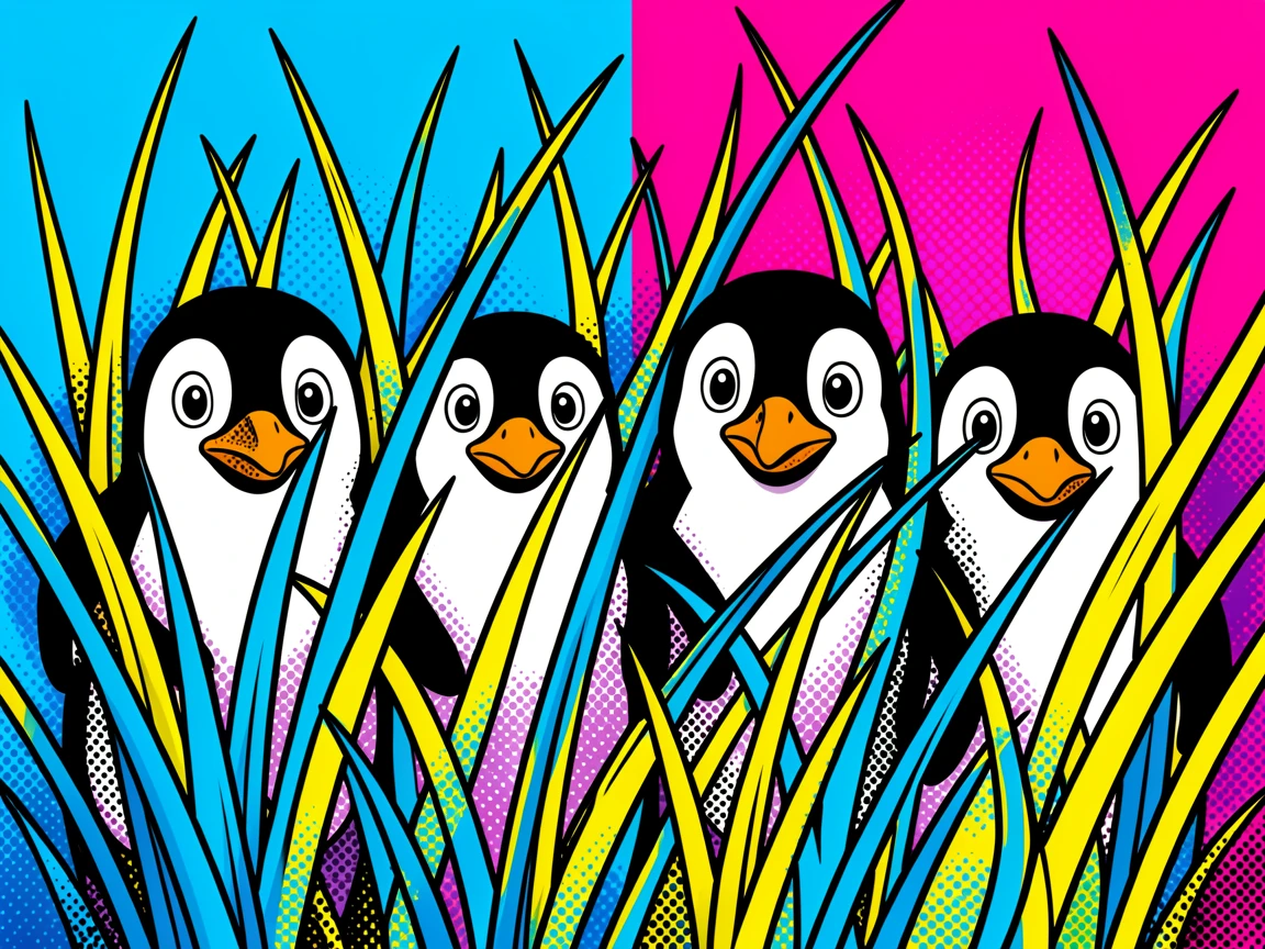 A group of penguins peeking curiously from behind tall grass