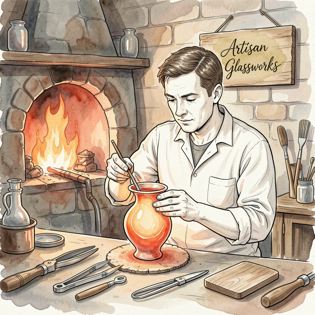 A glassblower shaping molten glass into a delicate vase, the setting filled with the tools and textures of the craft.