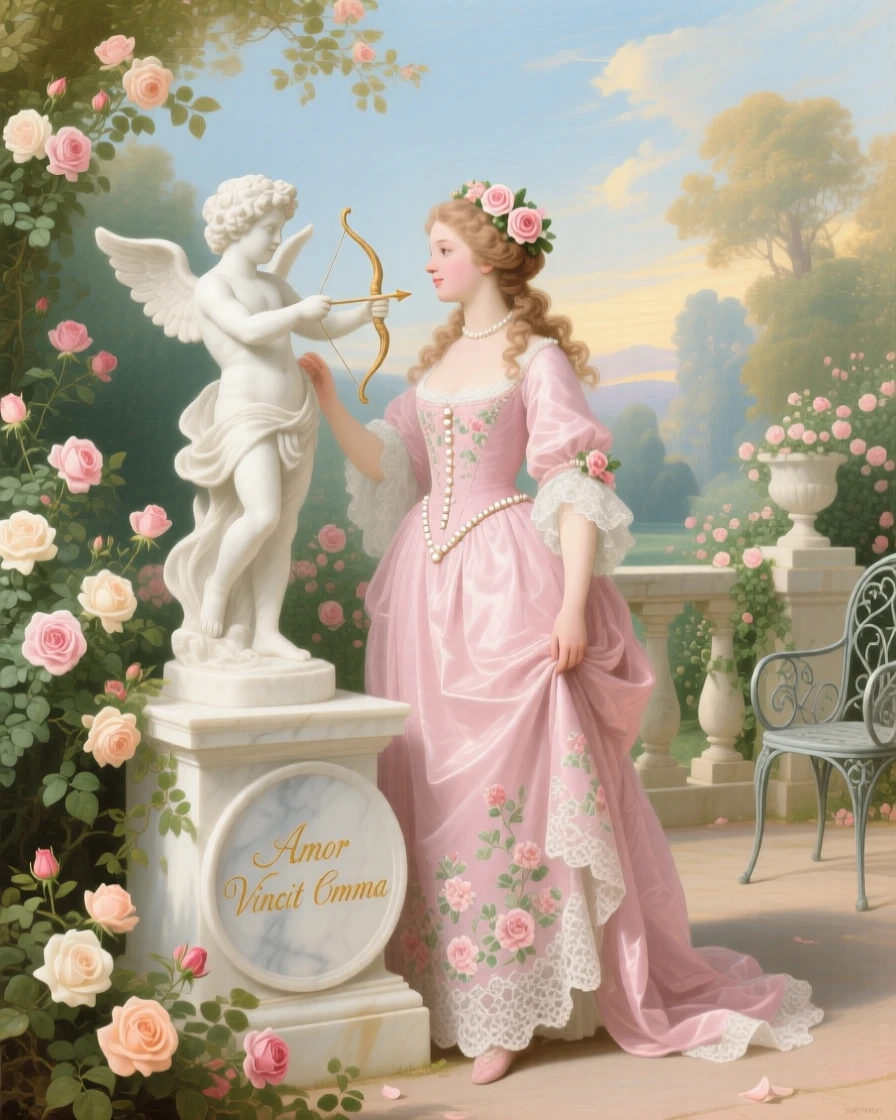 A princess standing beside a marble statue of Cupid in a rose garden  