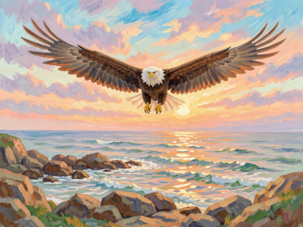 A bald eagle soaring above a rugged coastline, wings spread wide against a brilliant blue sky, under a glowing sunset sky.