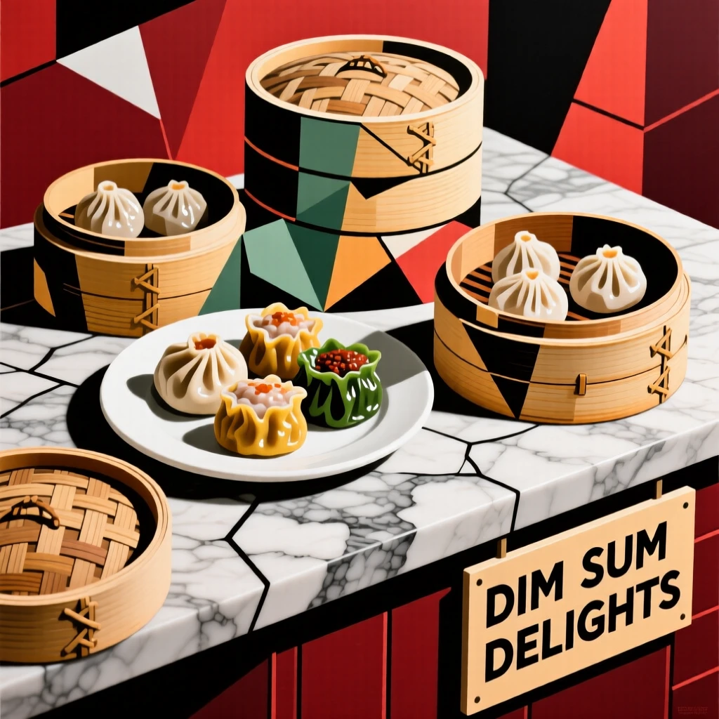 A mouthwatering image of a plate of dim sum in bamboo steamers arranged beautifully on a marble countertop.
