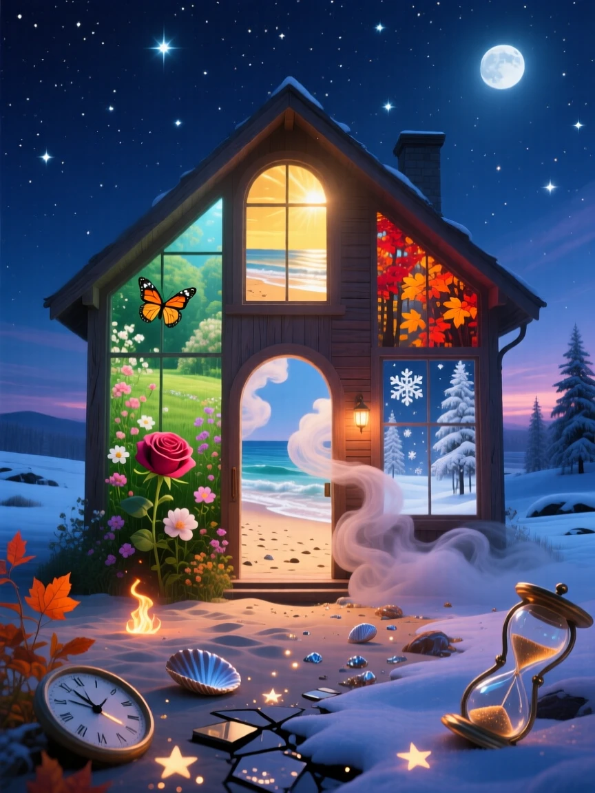 A house whose windows open onto different seasons glows faintly from within as evening falls, as clouds pass slowly through its open doorways.