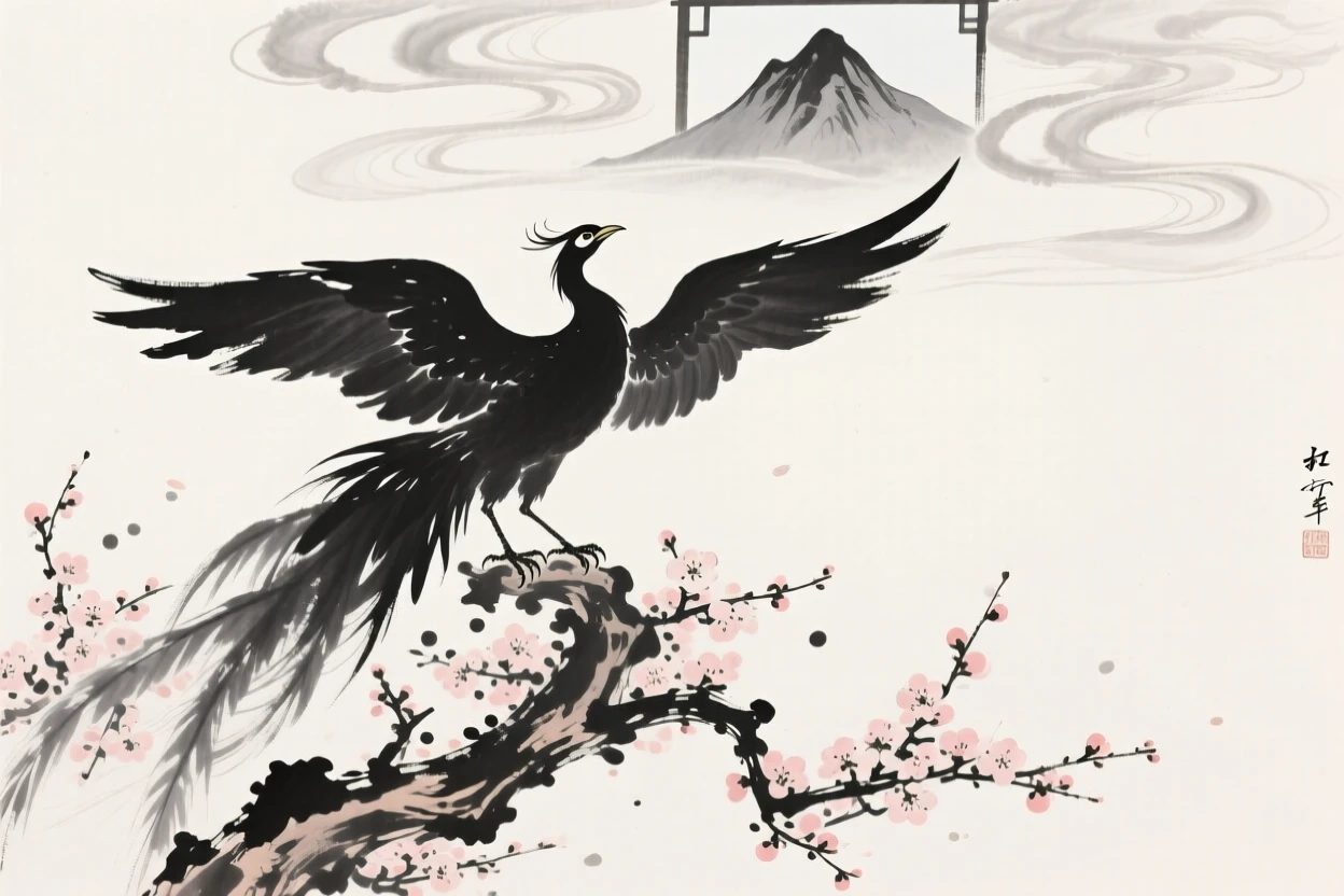 A phoenix spreads its brilliant wings atop a blossoming tree, with clouds parting to reveal the peak below.