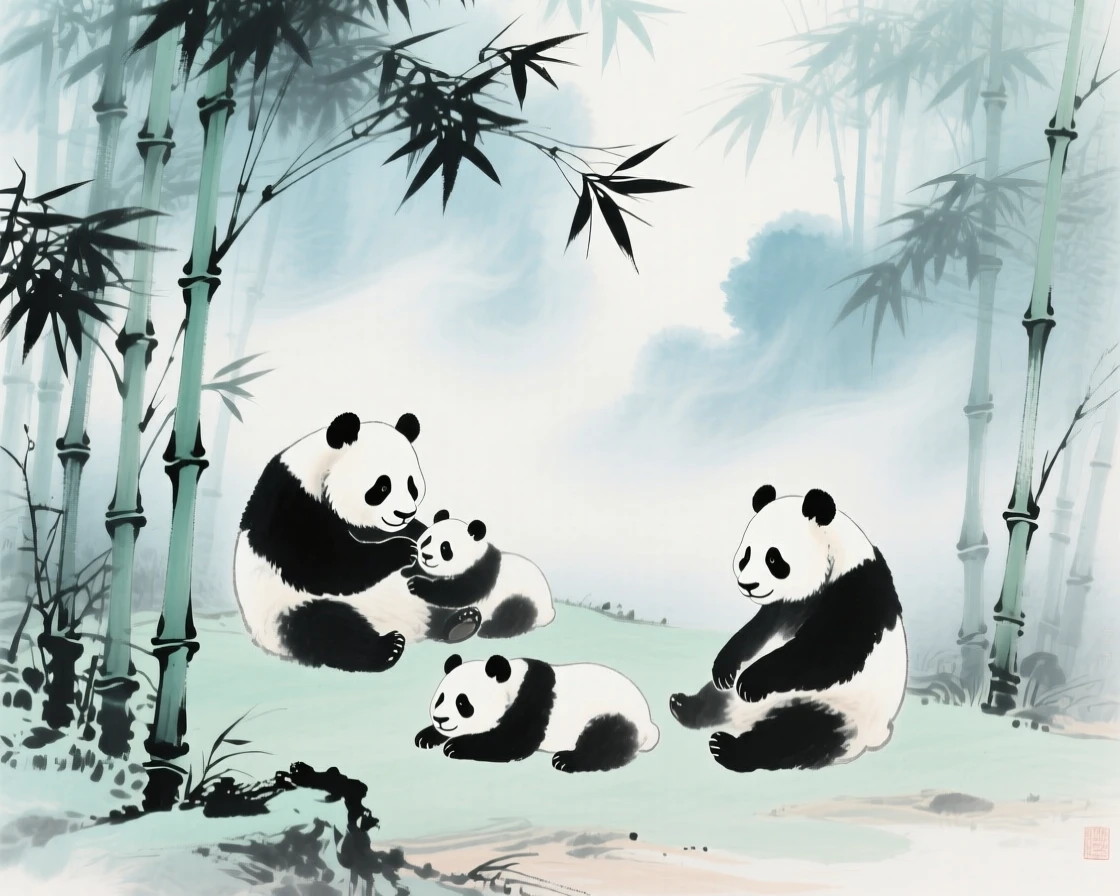 A bamboo grove home to a family of pandas at rest, touched with gentle melancholy, through swirling morning fog.