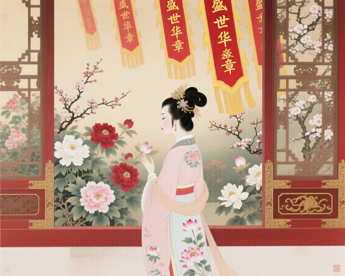 A princess looking out from a palace window over a blooming garden, beneath banners fluttering in the wind