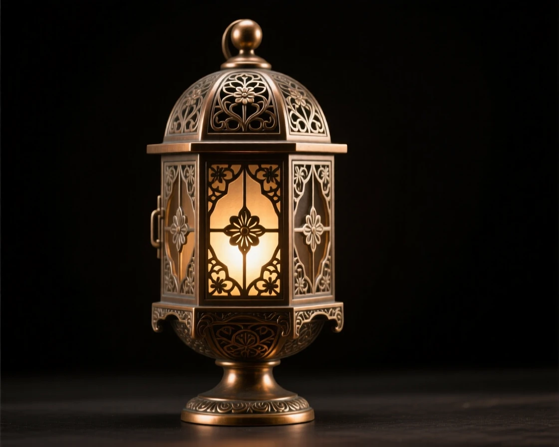 A decorative lantern glowing softly in the dark, with intricate craftsmanship on full display, radiating elegance and refinement