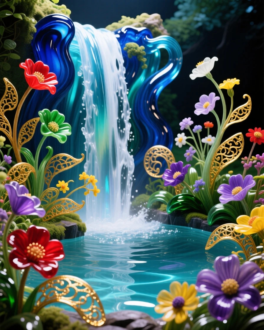 A grand waterfall pouring into a hidden pool surrounded by blooming wildflowers, lush and mystical.
