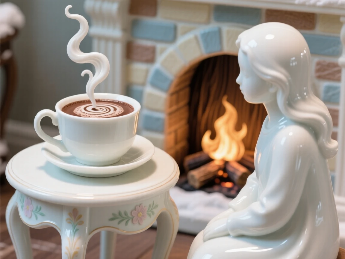 A cozy winter moment: hot cocoa and a crackling fireplace, evoking warmth and nostalgic comfort.
