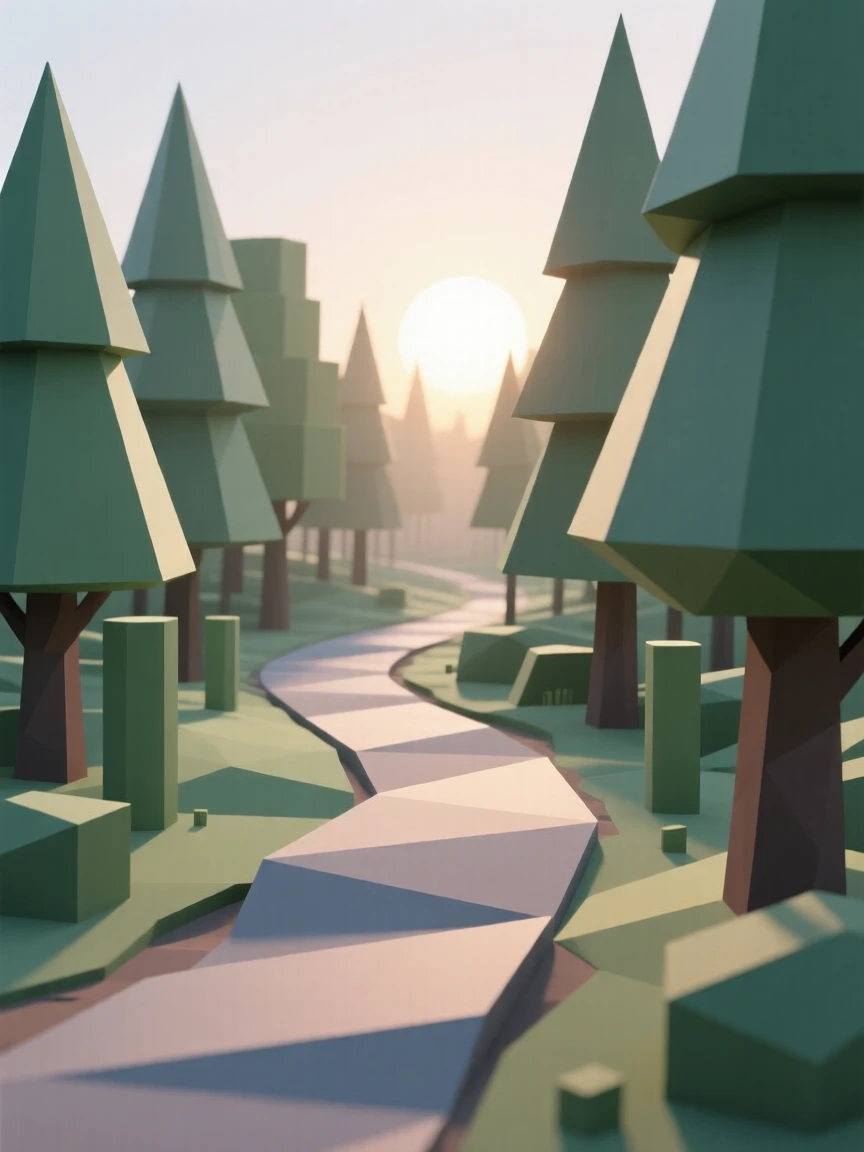 A quiet forest path dappled with sunlight, as the sun begins to rise. layers of color create a striking sense of depth. A deep sense of peace fills the landscape.