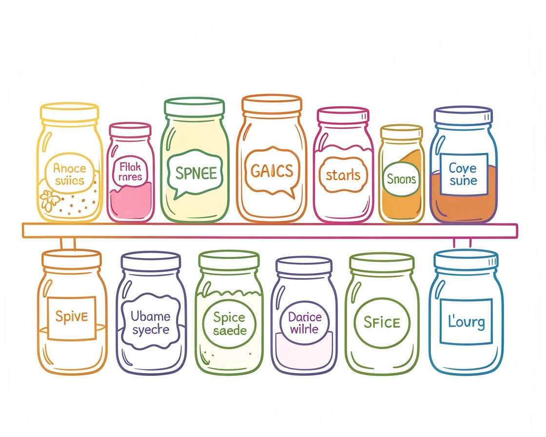 A row of colorful spice jars labeled and arranged on a kitchen shelf.
