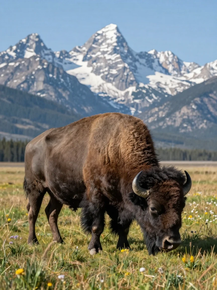 A bison grazing against a backdrop of snow-capped peaks