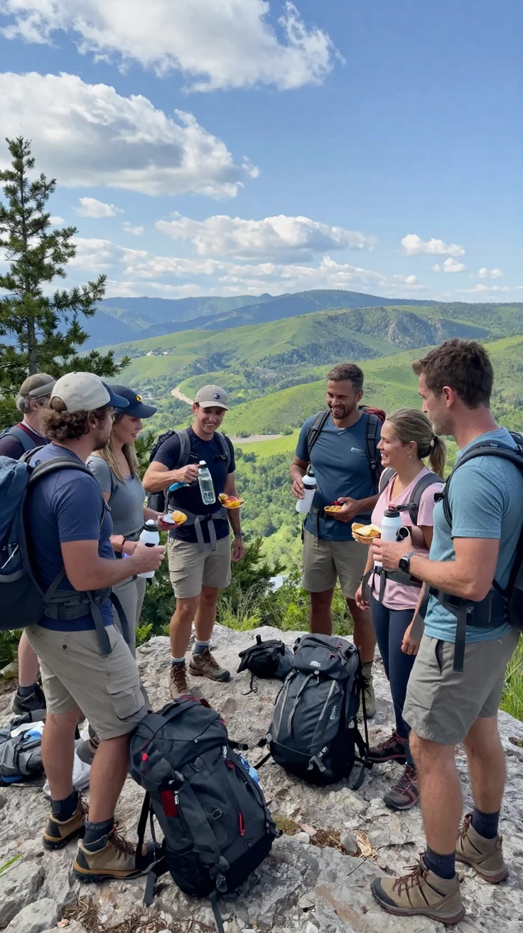 A group of hikers pauses at a ridge overlook, backpacks off, sharing water and snacks.