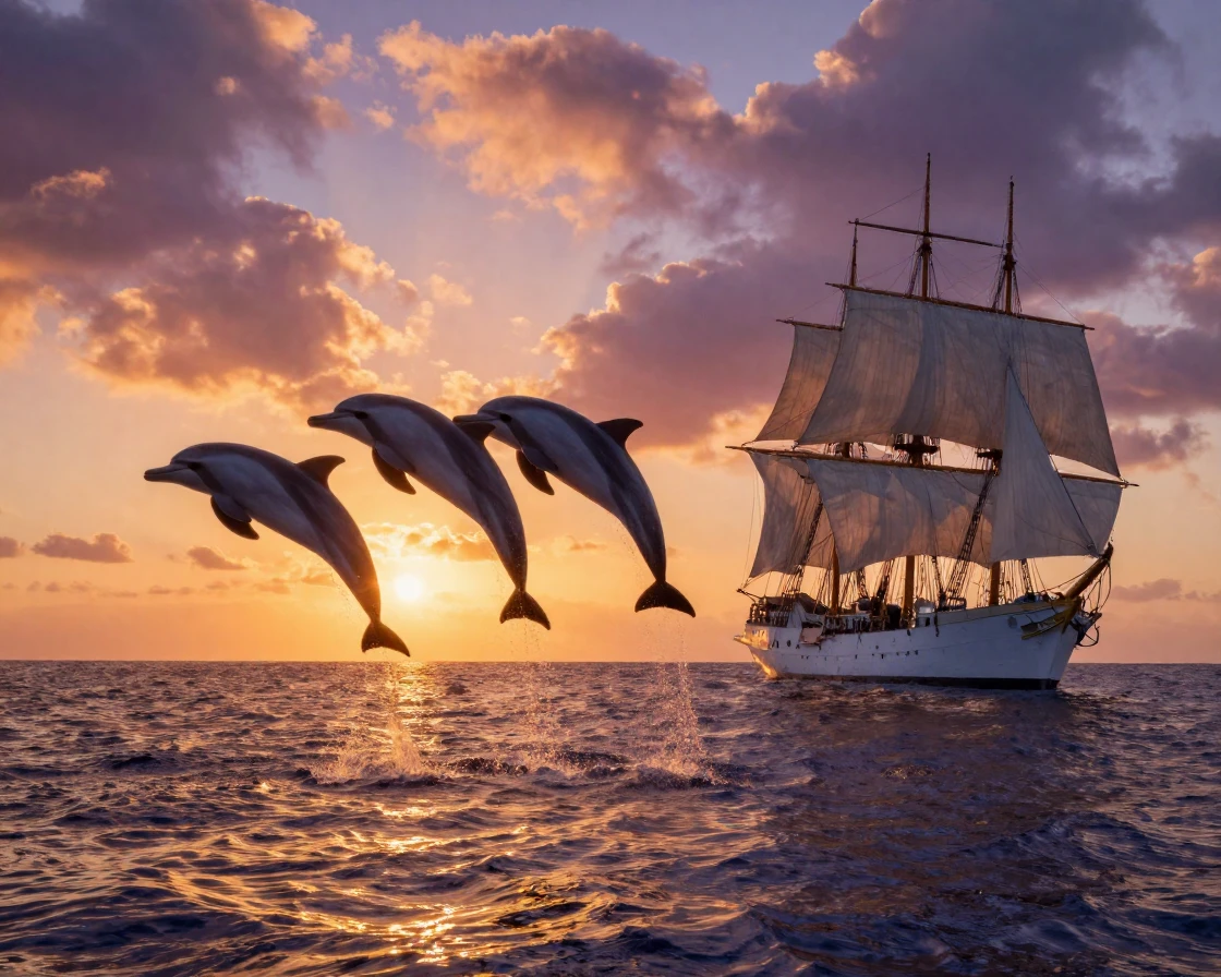 A pod of dolphins leaping in unison alongside a sailing ship at sunset