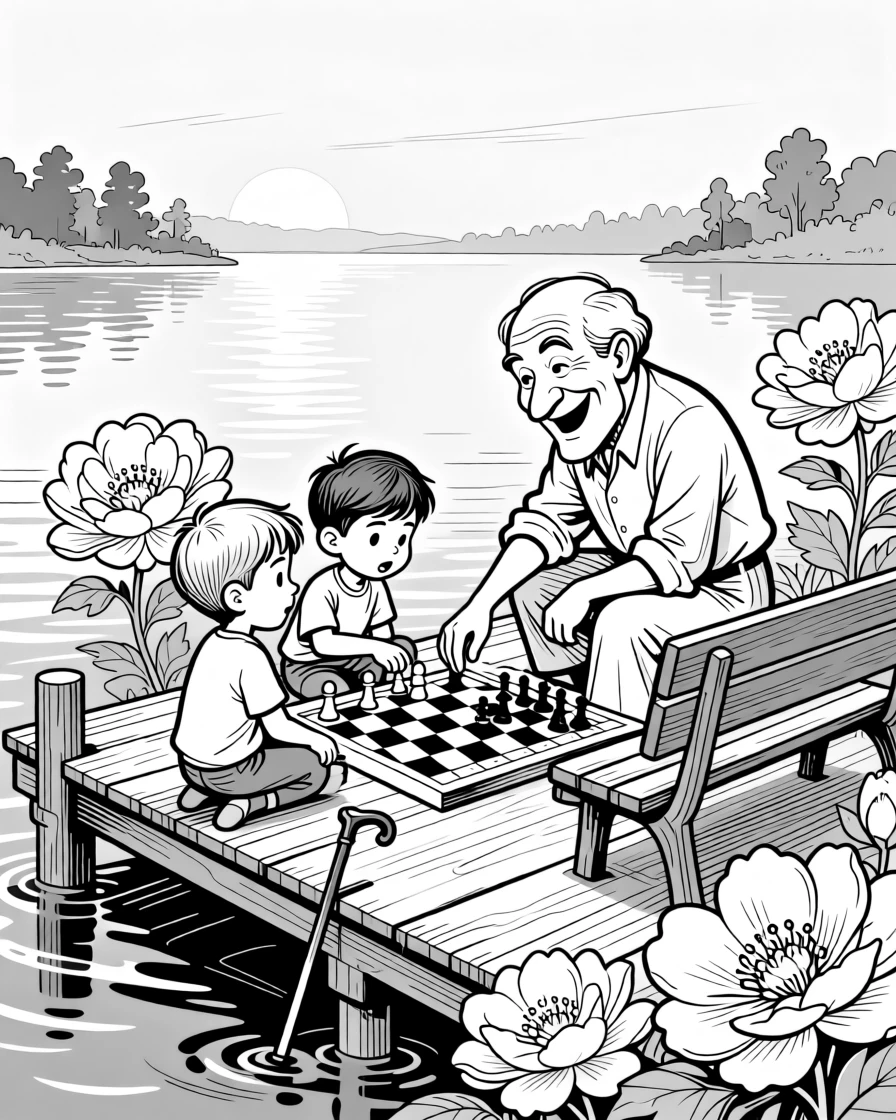 A grandfather beating his grandkids at checkers with a sly grin, beaming proudly beside blooms twice the usual size, set on a quiet riverside dock at dawn. A cane leans against a nearby bench, momentarily forgotten. The image honors a lifetime of stories worth telling.