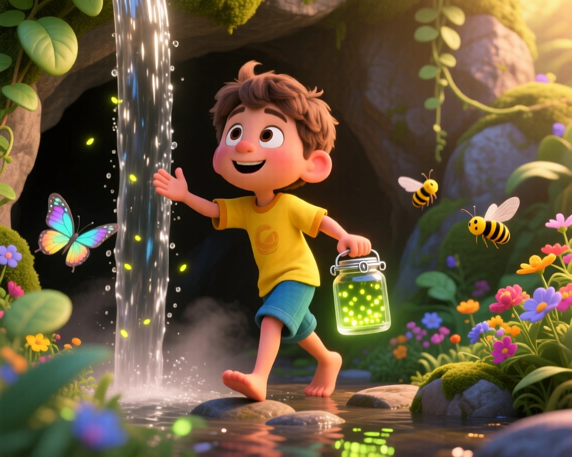 A boy discovering a secret hideout behind a waterfall takes place in a garden full of buzzing bees and butterflies, with a jar of fireflies glowing softly. A lighthearted sense of discovery colors the moment.