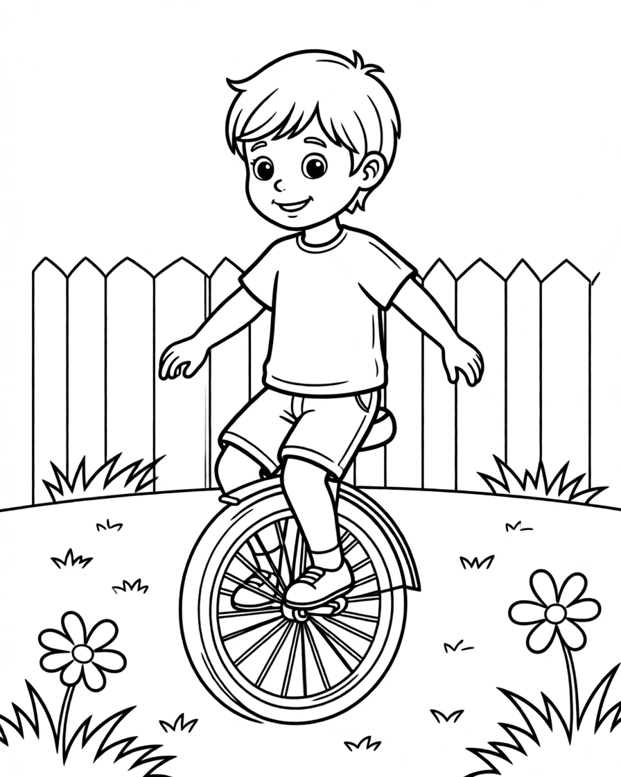 A child learning to ride a unicycle in the backyard