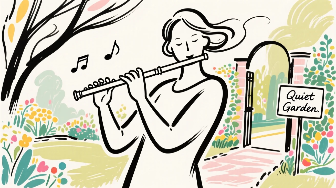 A flutist playing a gentle melody in a quiet garden.