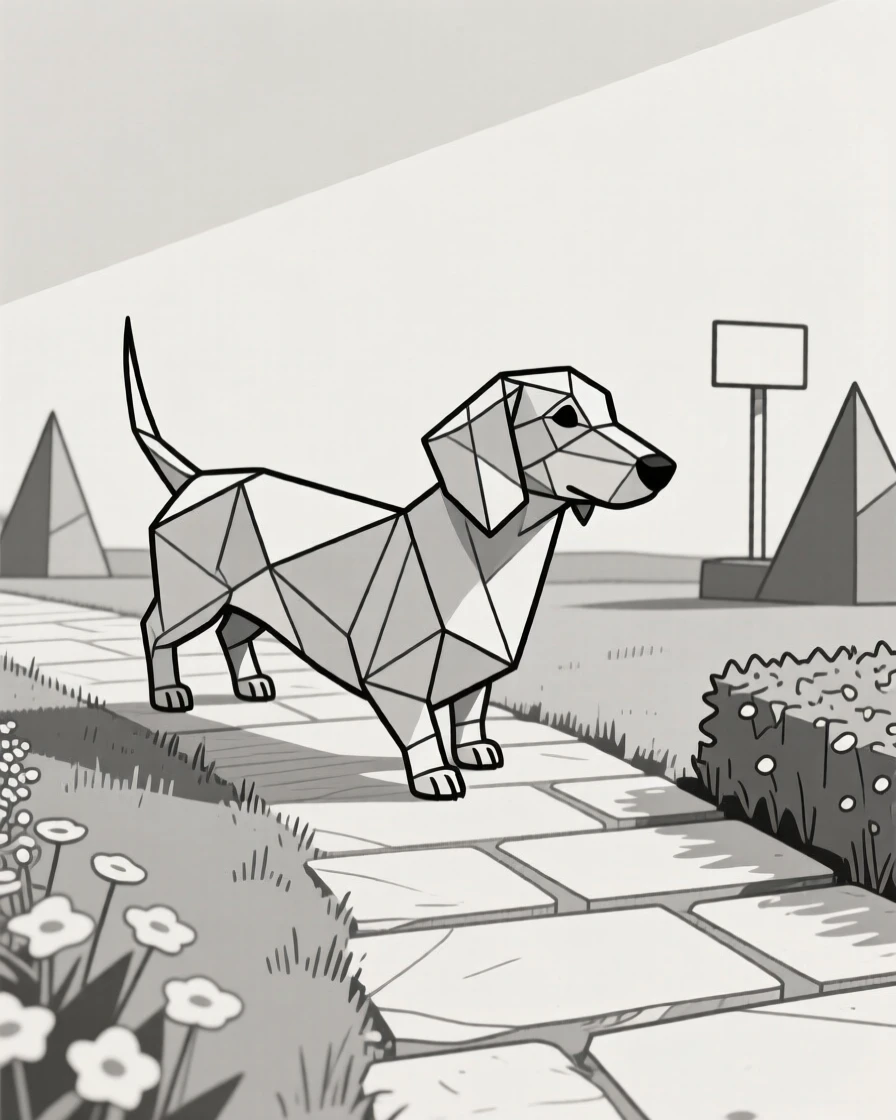 A dachshund walking along a garden path