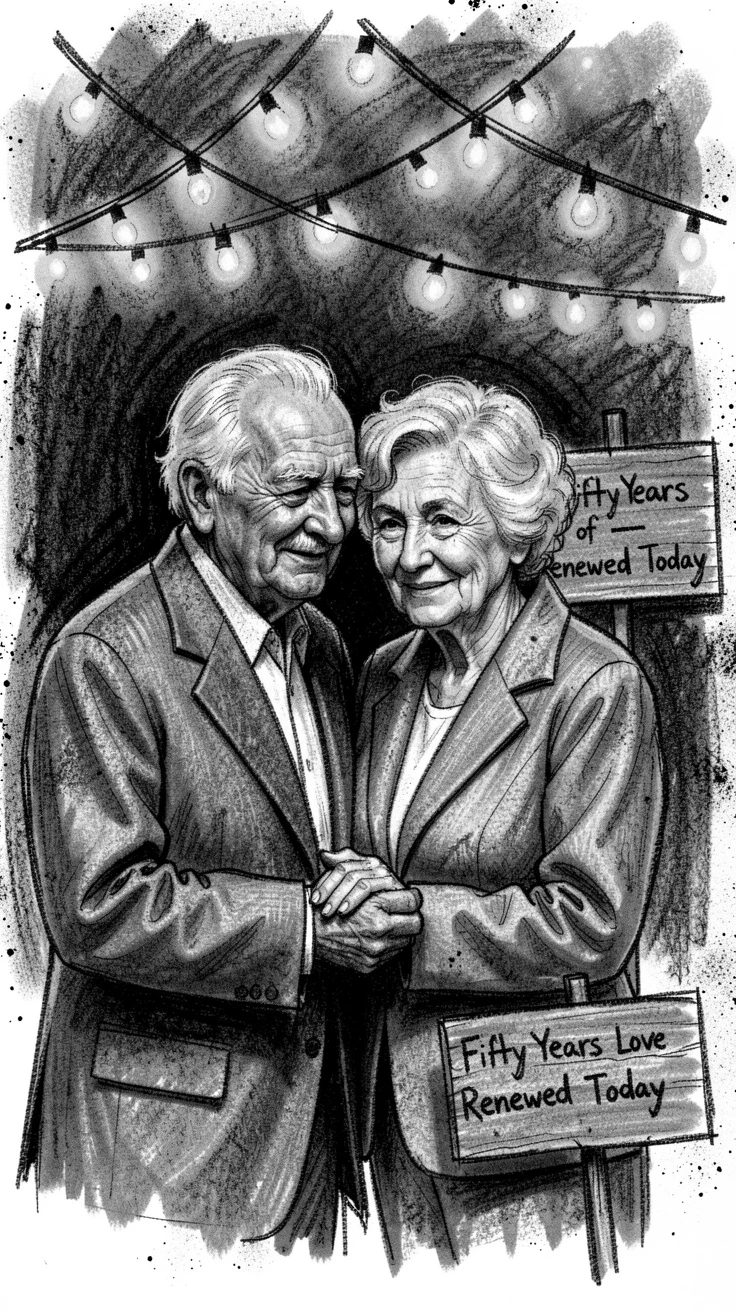 An elderly couple renewing their vows after fifty years, under the warm glow of string lights.