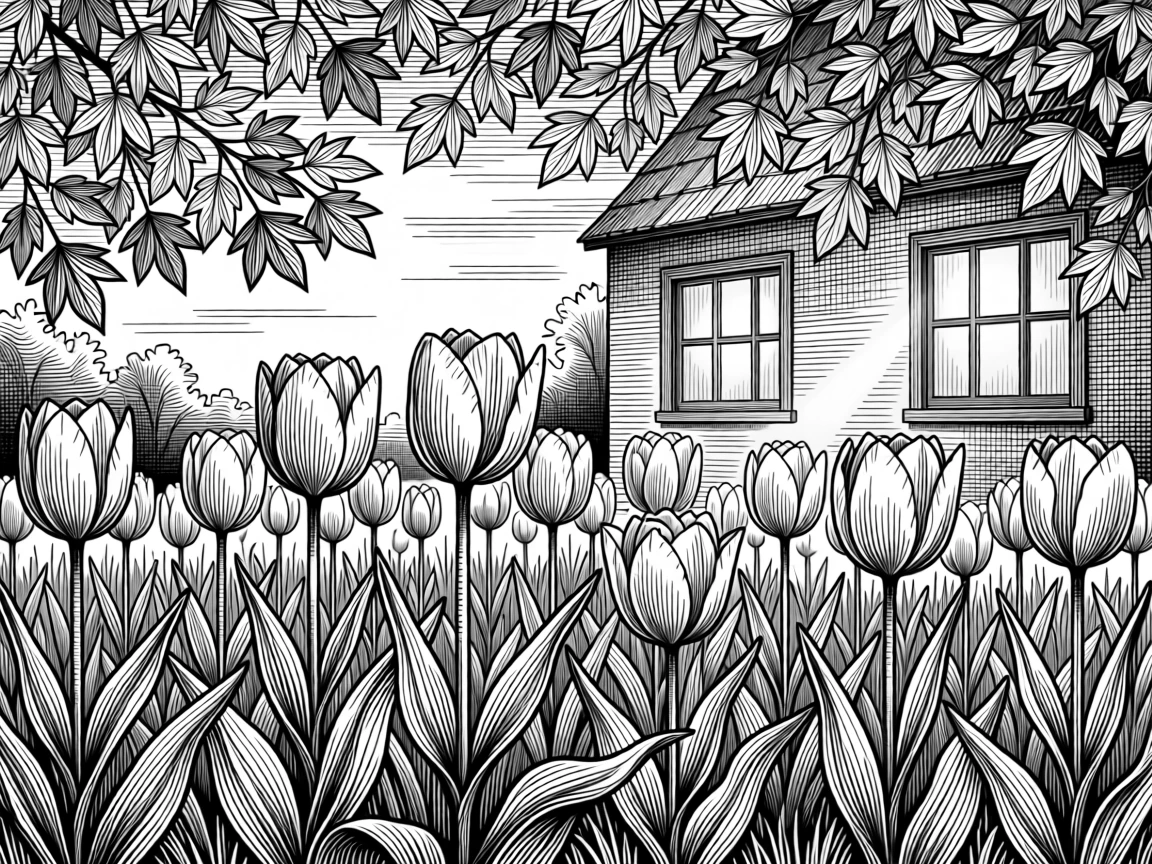 A spring garden bursting with blooming tulips under a canopy of autumn leaves in every shade of gold, with warm light spilling from every window, capturing a joyfully nostalgic seasonal moment.