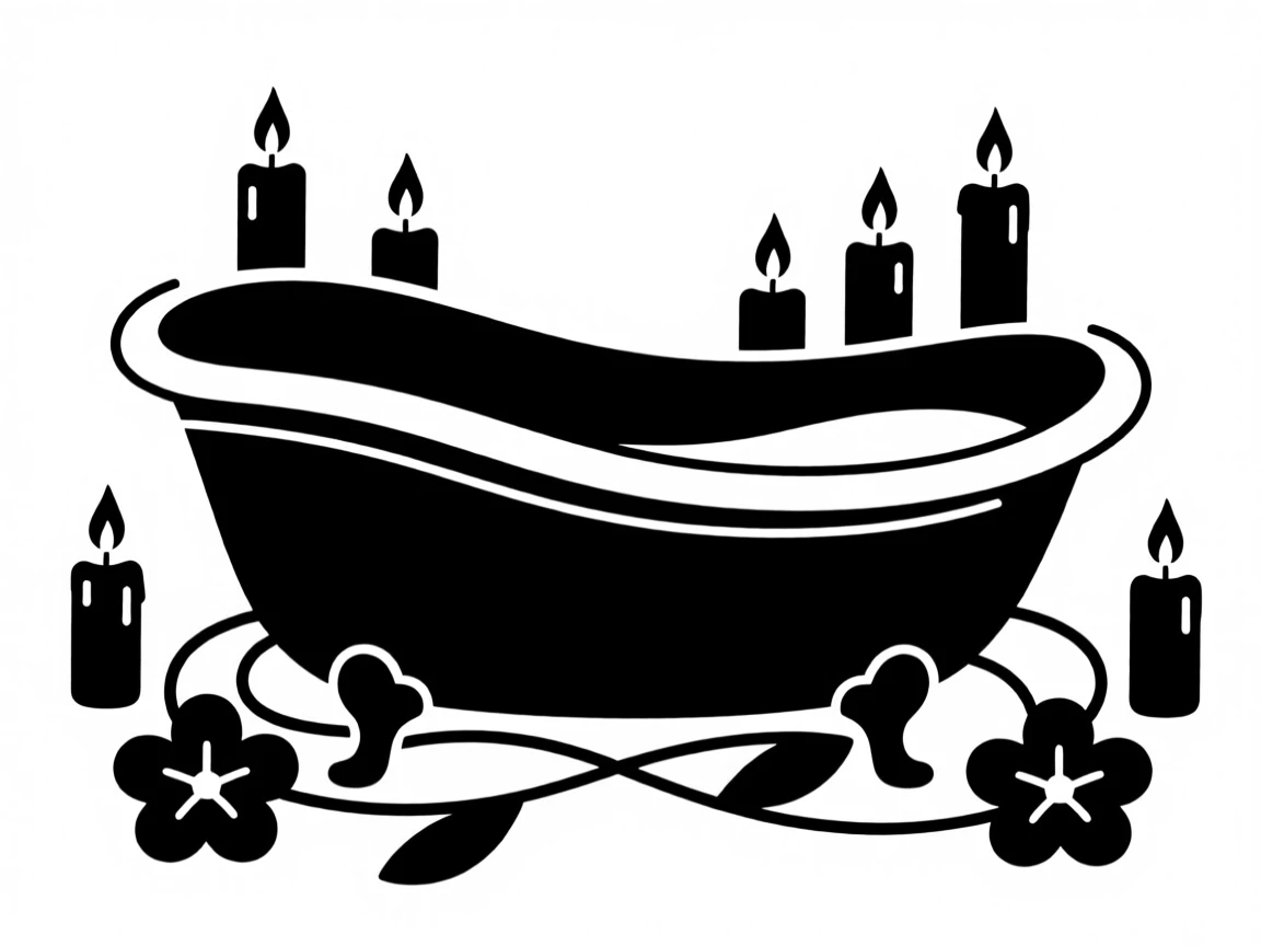A warm bath surrounded by candles and flowers.