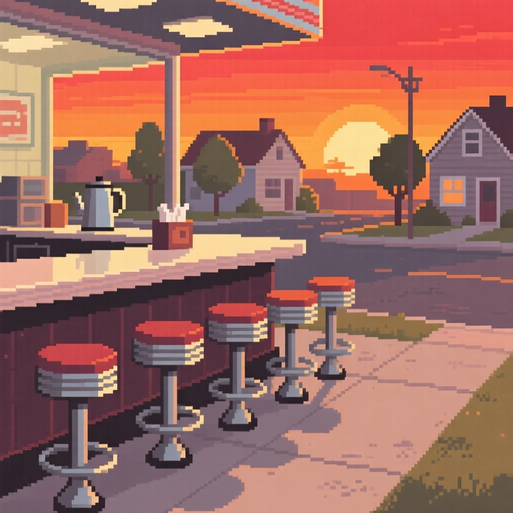 A diner counter with spinning stools framed by a glowing orange sunset, on a quiet suburban street in the 1980s.