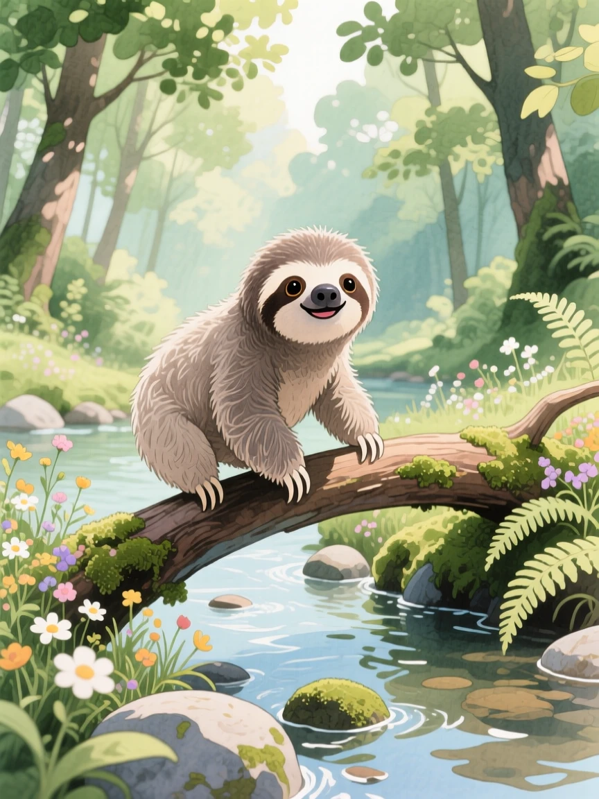 A baby sloth balancing on a log across a gentle stream, set in a quiet forest clearing dappled with sunlight, radiating pure innocent joy.