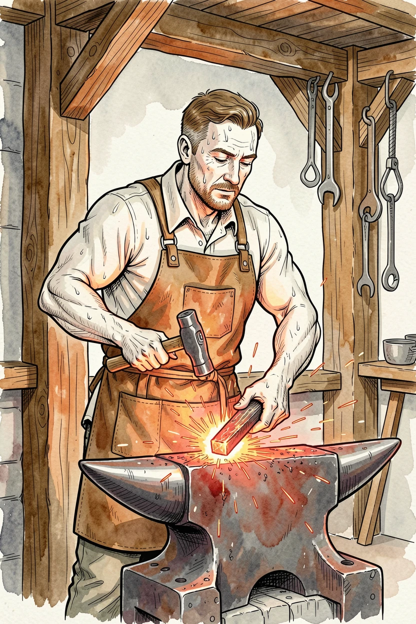 A blacksmith hammering glowing metal at a rustic forge, small details revealing years of practiced dedication.