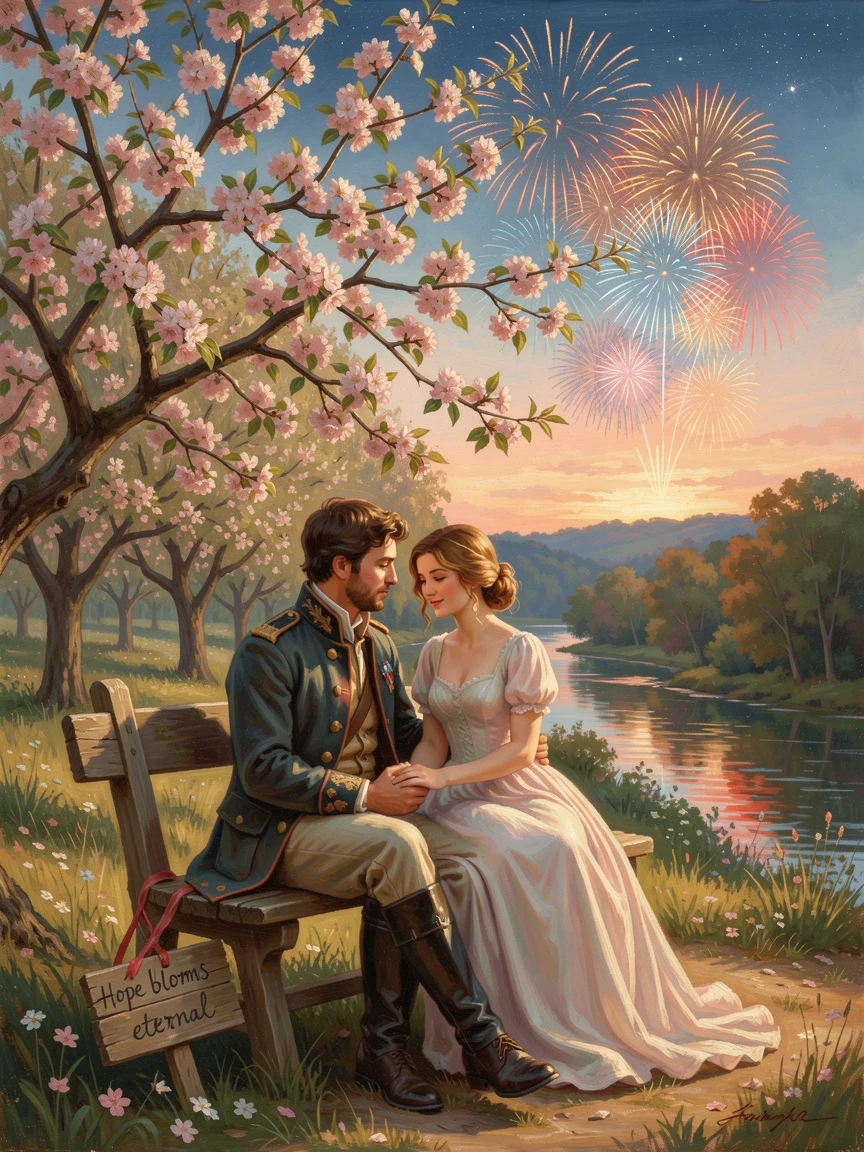 A soldier and his sweetheart share a quiet moment beside a sunlit orchard in bloom as fireworks light up the horizon.