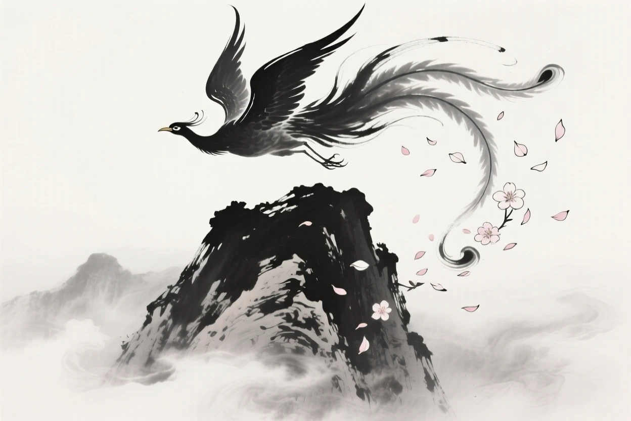 A phoenix circles above a sacred mountain peak wreathed in mist, as flower petals swirl upward in its wake.