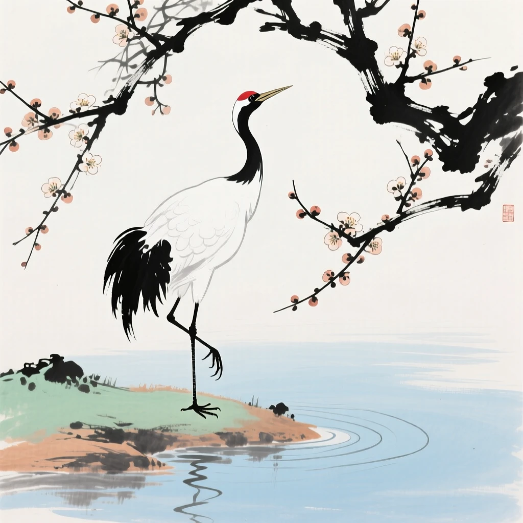 A majestic crane standing tall on one leg at the water's edge, as the last plum blossoms cling to bare branches, imbued with timeless calm.
