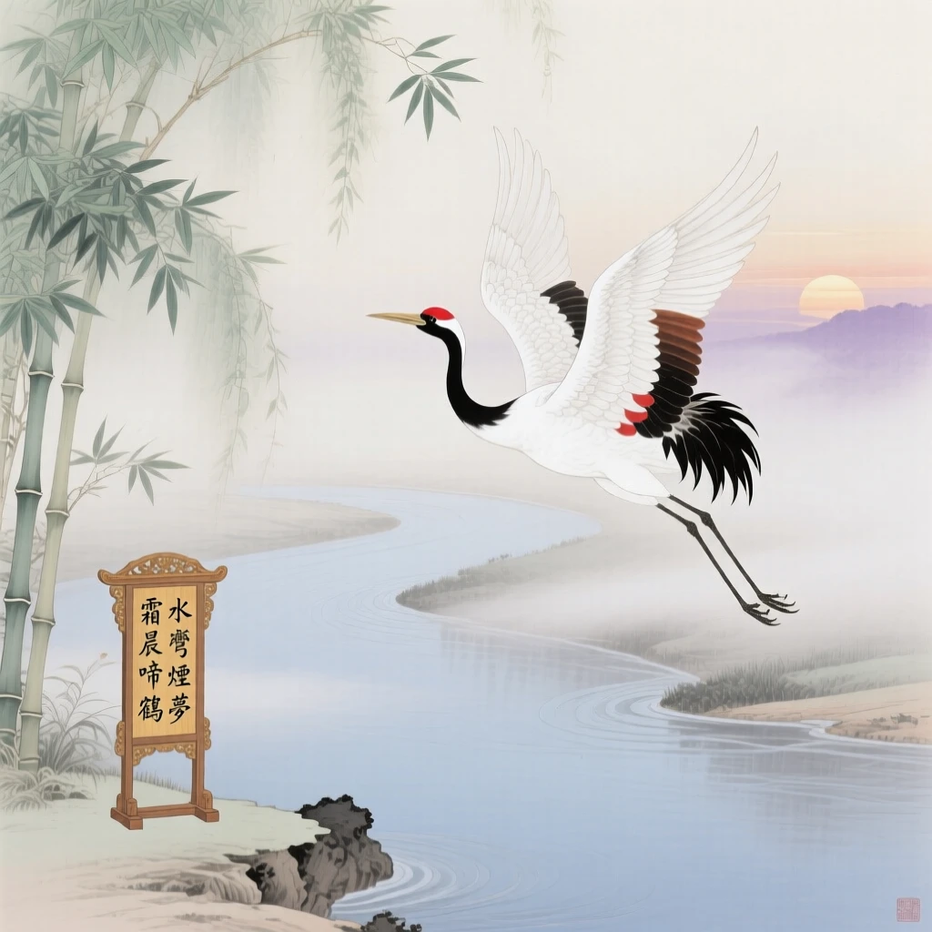 A crested crane taking flight over a misty river bend, soft morning light filtering through the branches