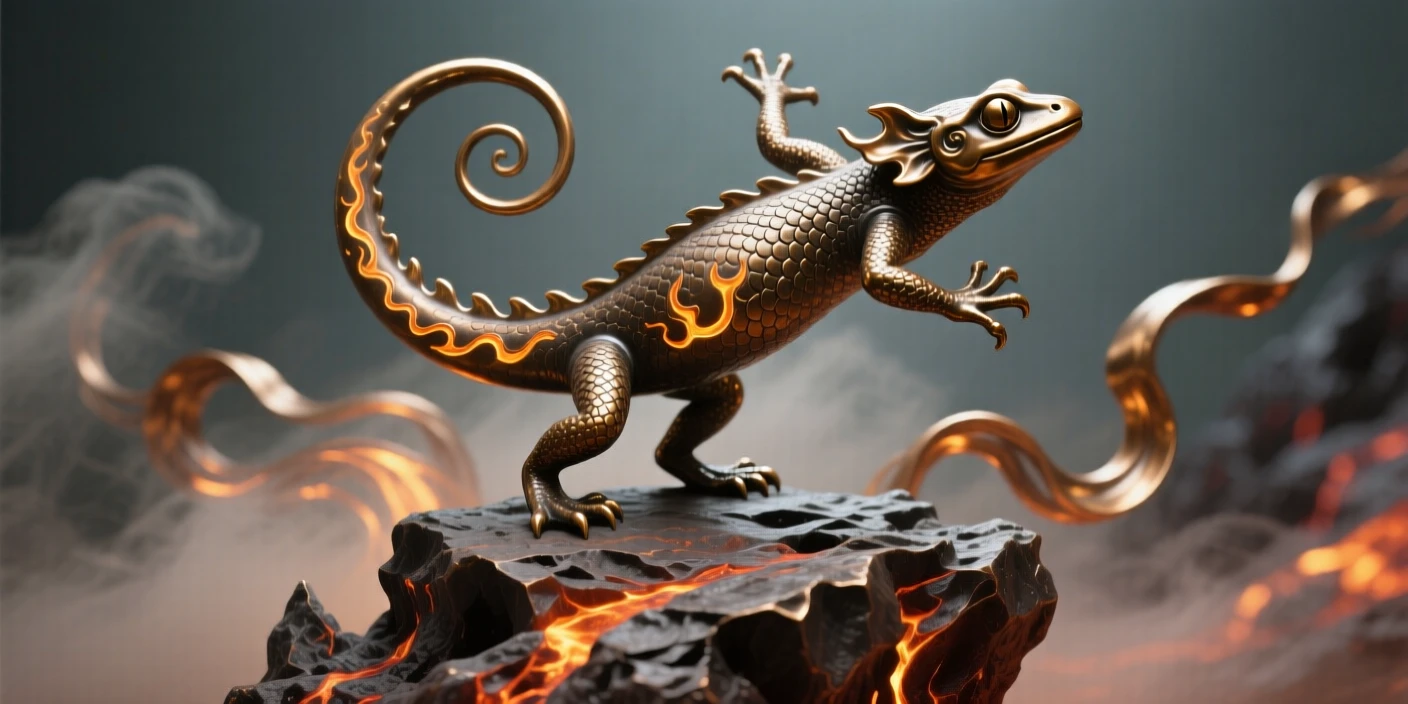 A fire salamander spirit dancing atop molten rock, surrounded by swirling mist and light, radiating awe and grandeur
