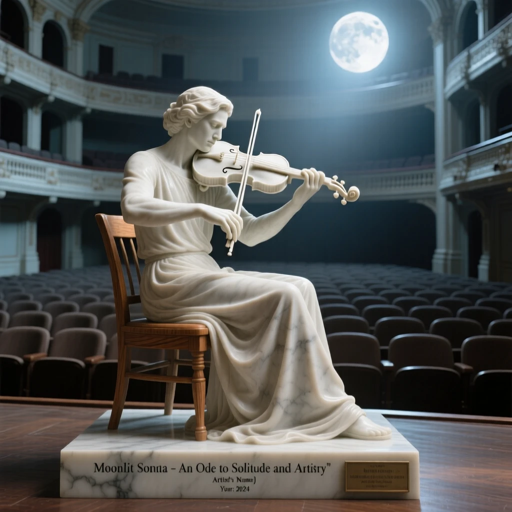 A vivid, emotionally rich scene of a violinist performing for an empty, moonlit theater, surrounded by soft, glowing light, designed to captivate and inspire
