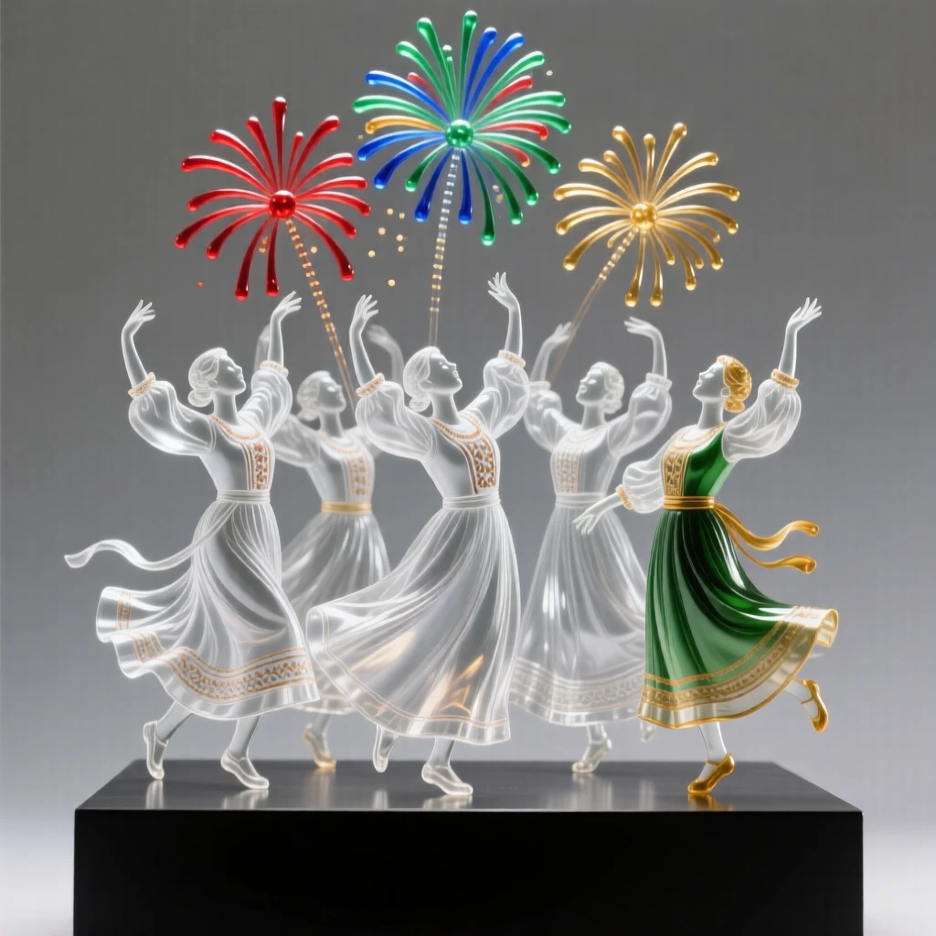 Dancers celebrating a harvest festival in traditional dress as fireworks burst in bright colors overhead