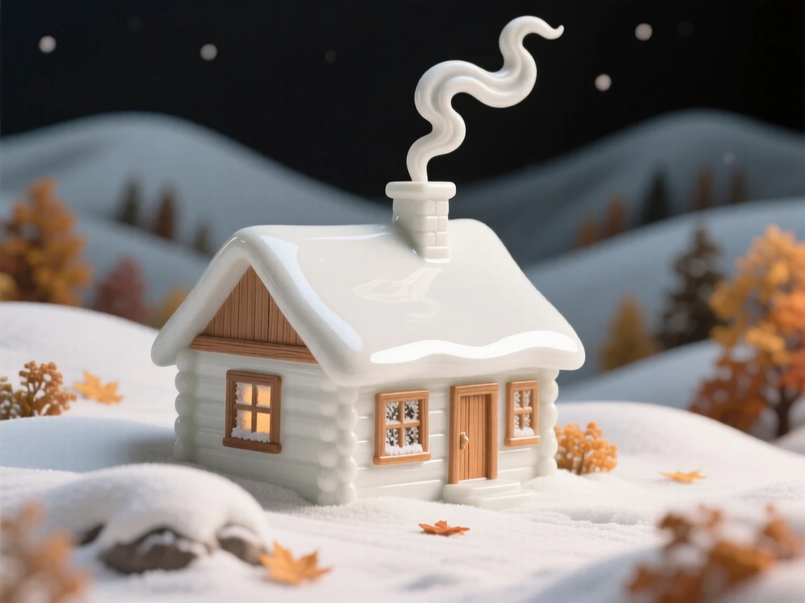 A cozy autumn moment: a snow-covered cabin with smoke curling from the chimney, evoking warmth and nostalgic comfort.