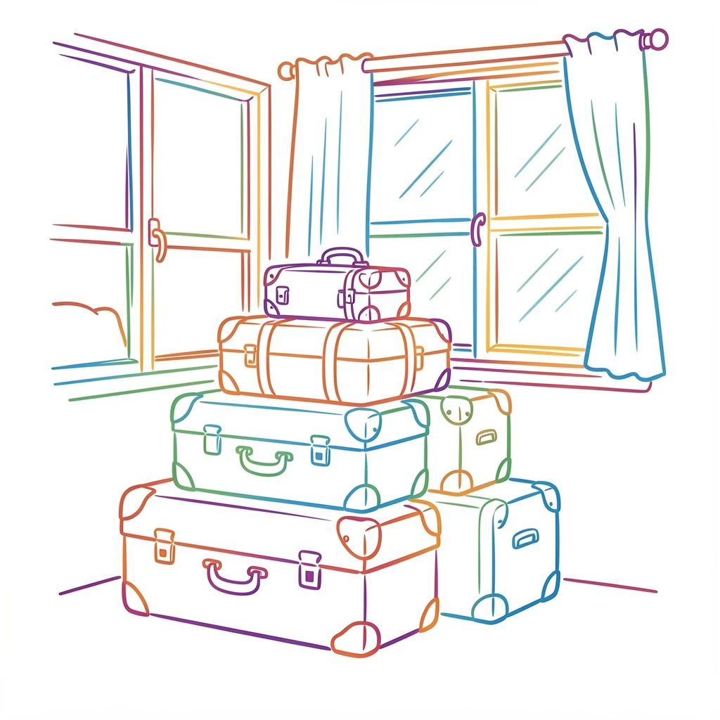A stack of vintage suitcases in graduating sizes by a bedroom window.