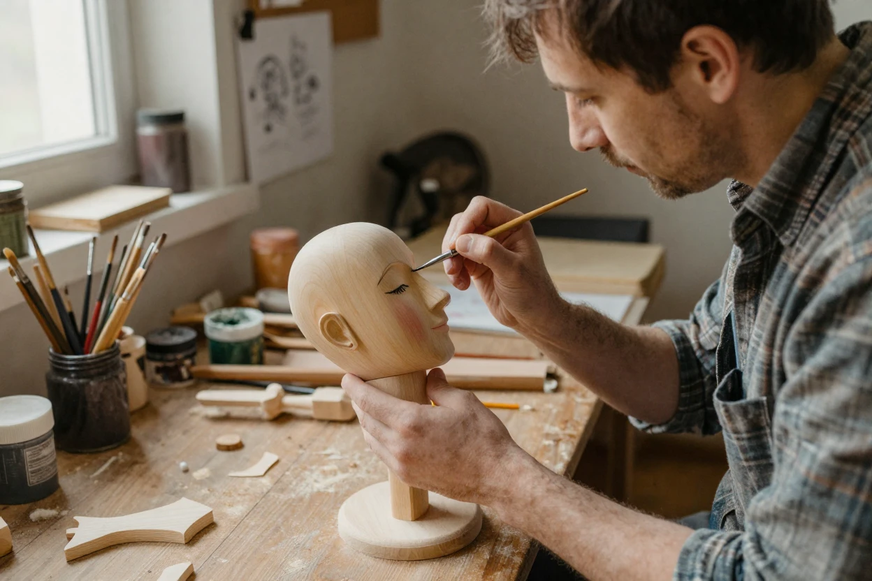 A puppet maker paints delicate features onto a wooden marionette face.