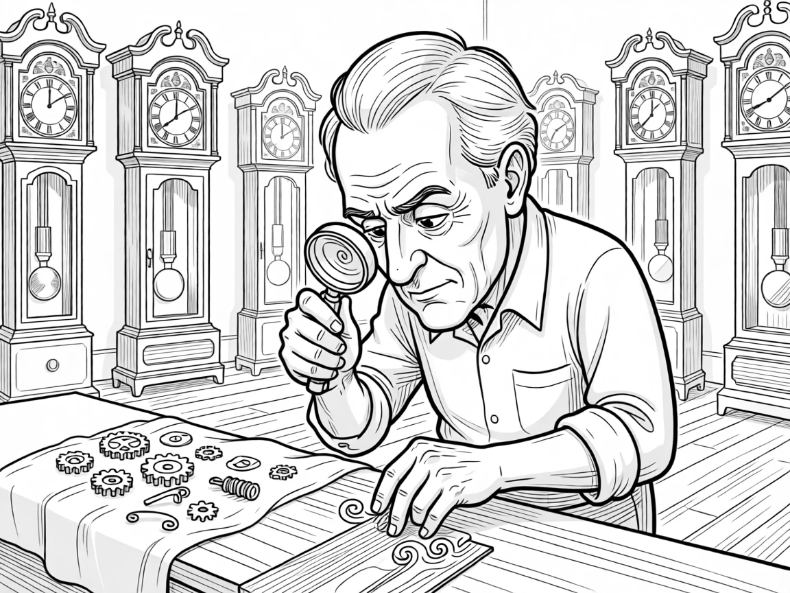 A grandfather clock repairman squinting through a loupe, carving delicate curls of wood onto the floor, set in a workshop filled with ticking clocks. Tiny gears and springs are scattered neatly on a cloth. The image honors a lifetime of stories worth telling.