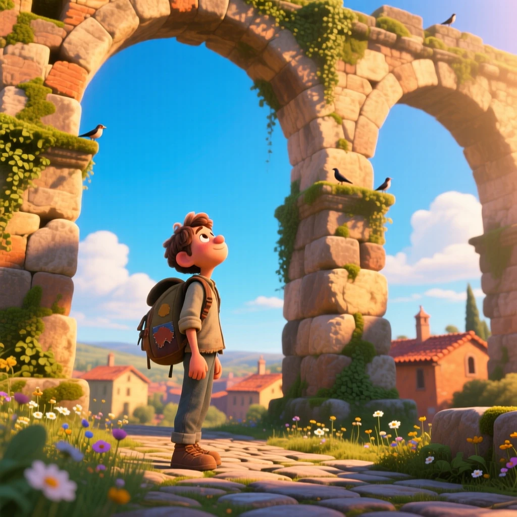 A lone traveler with a worn backpack stands beneath the arches of an ancient stone aqueduct, sharing a quiet moment together. A quiet excitement for discovery lingers in the air, with terracotta rooftops stretching into the distance.
