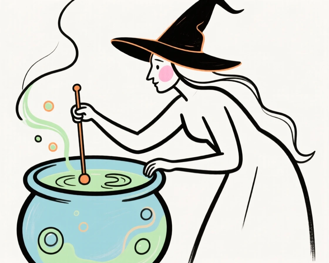 A witch stirring a bubbling cauldron