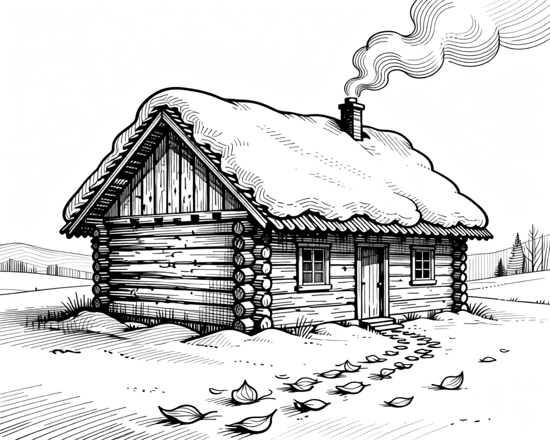 A snow-covered cabin with smoke rising from the chimney as morning frost coats the ground, with a trail of fallen petals scattered on the ground, capturing a peacefully magical seasonal moment.