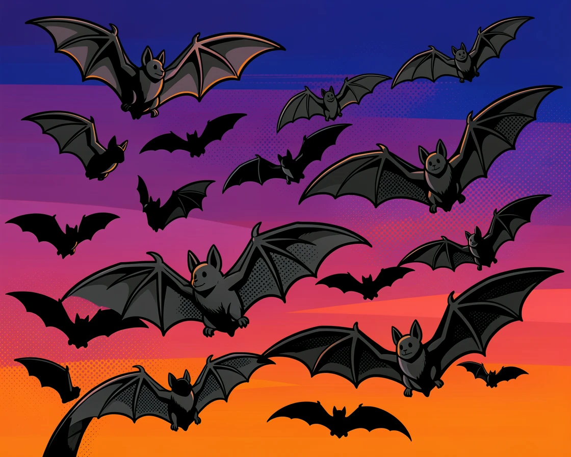 A bat colony taking flight at dusk against an sky