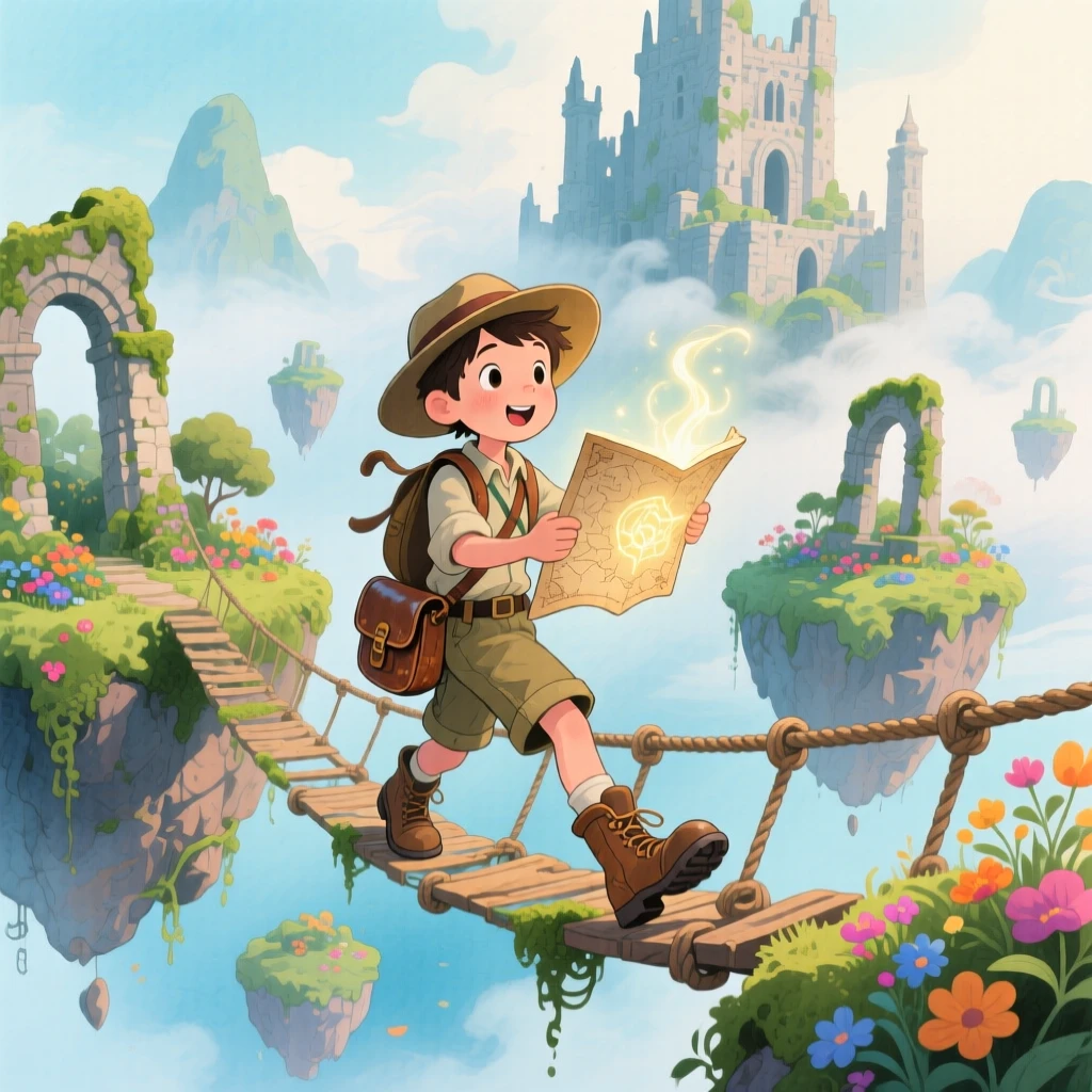 A young adventurer with a magic map crossing a rope bridge suspended between floating islands, in an ancient castle wrapped in mist, sparking childlike imagination and awe.
