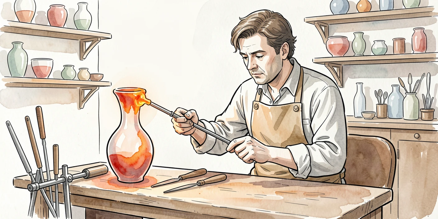 A glassblower shaping molten glass into a delicate vase, a quiet sense of skill and patience throughout the scene.