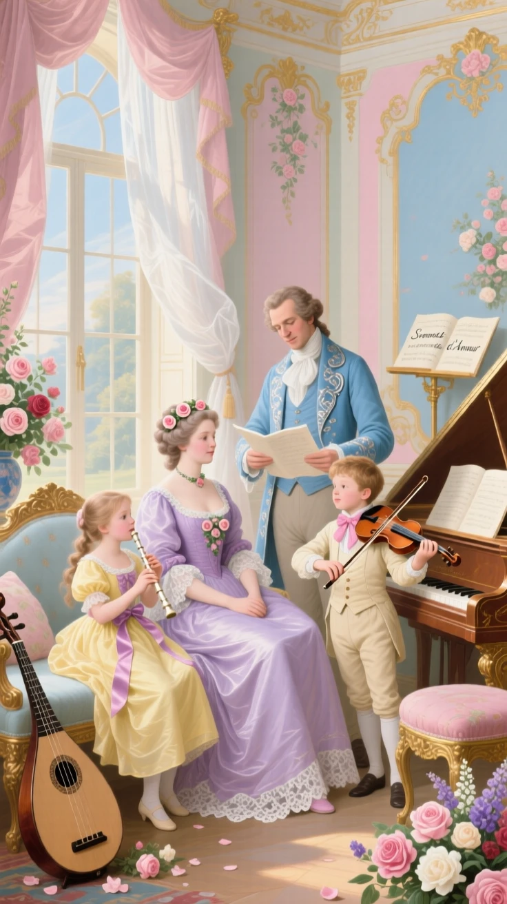 A family portrait in a sunlit music room with instruments and flowers  